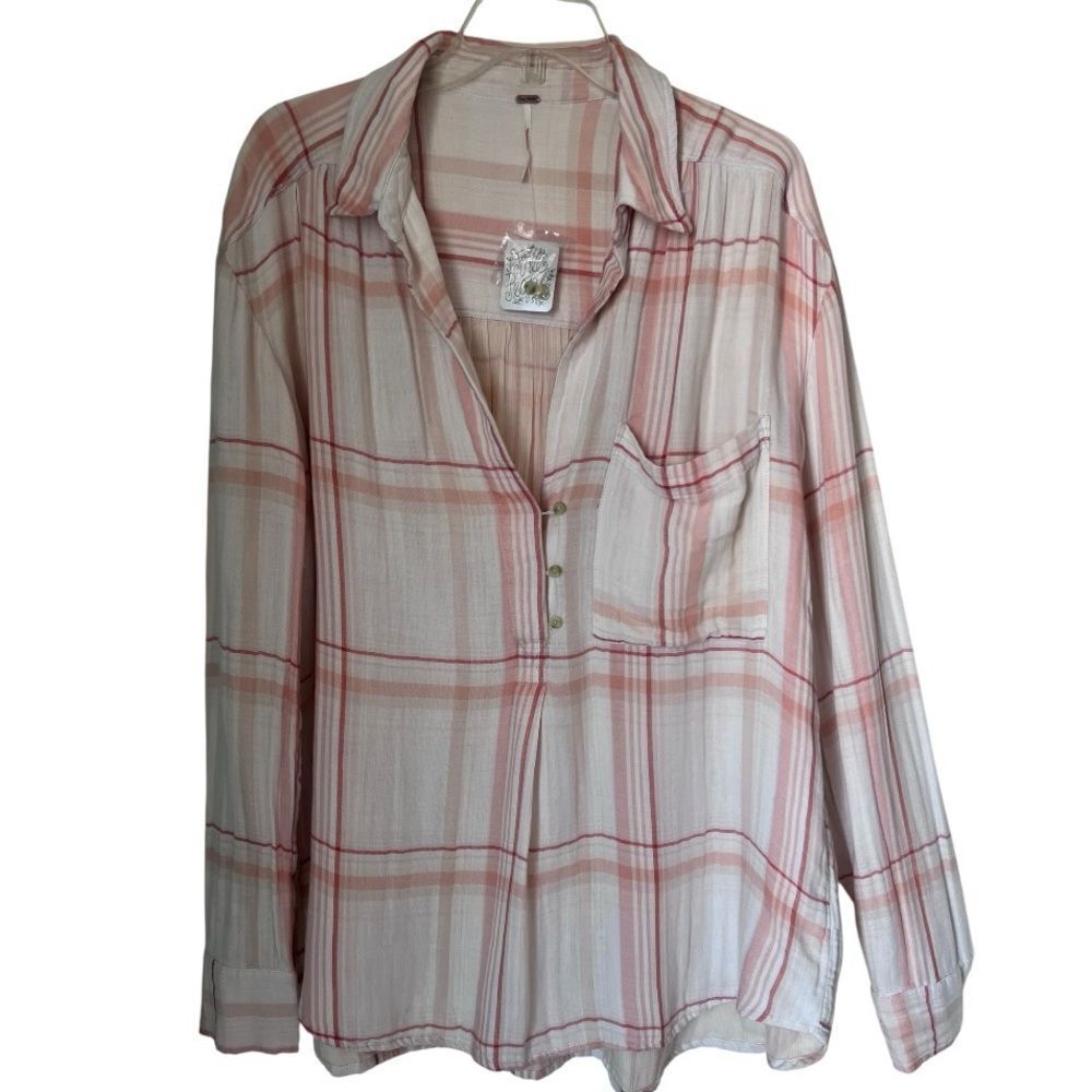 NWT FREE PEOPLE Cotton Blend Red White Plaid Relaxed Fit Top Casual Everyday L